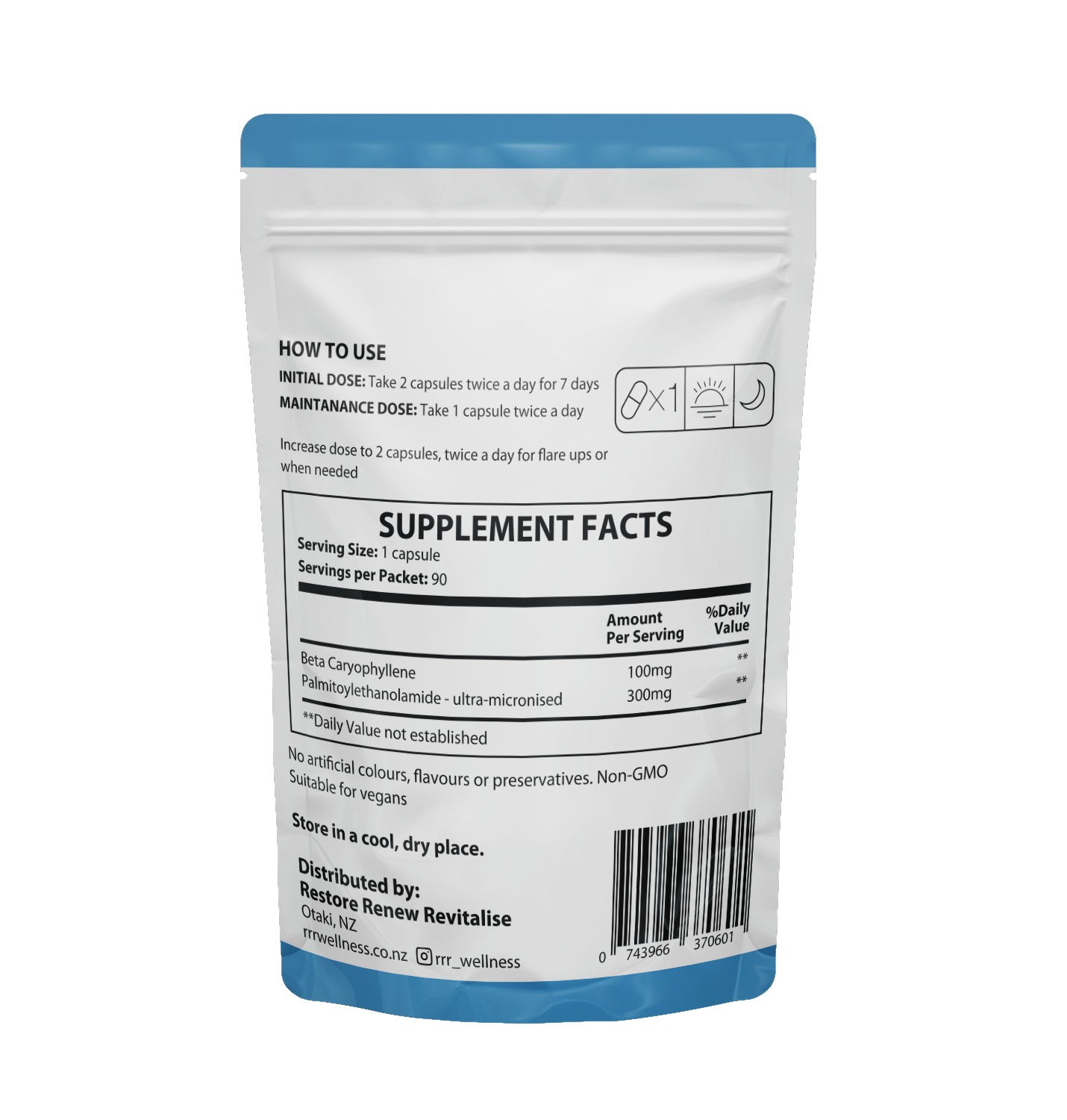 CB2 Relief+ dietary supplement package with blue top and white body displaying supplement facts on a white background