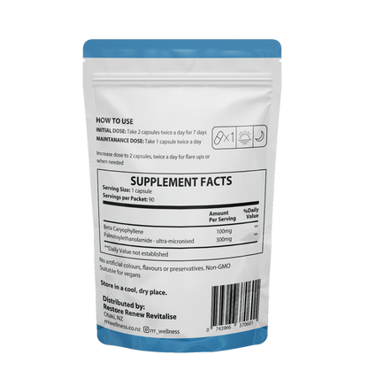 CB2 Relief+ dietary supplement package with blue top and white body displaying supplement facts on a white background