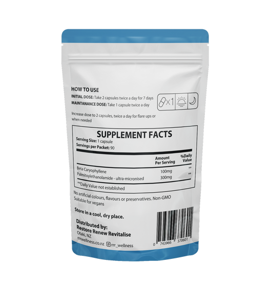 CB2 Relief+ dietary supplement package with blue top and white body displaying supplement facts on a white background